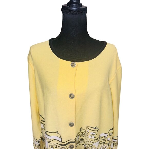 Koret XL Yellow Black Novelty Cardigan Cityscape Print Cotton Artsy Boho Travel - Picture 3 of 11